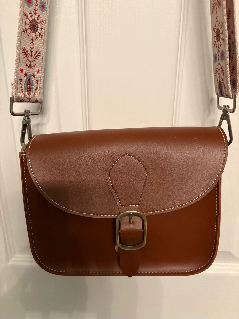 Tan Vegan Leather Crossbody Bag with Embroidered Strap